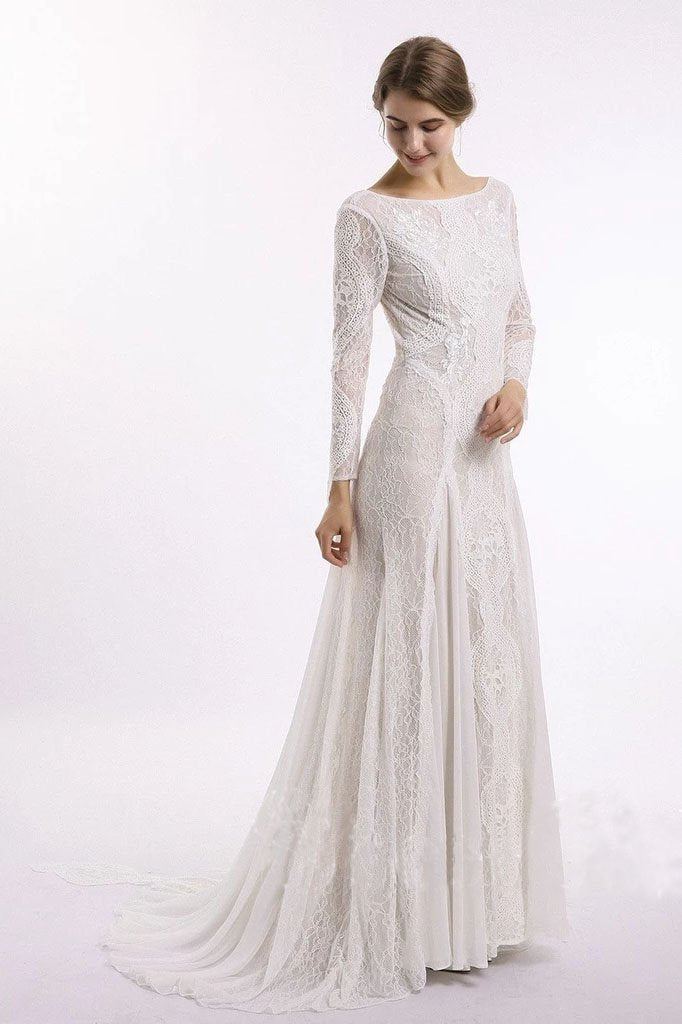 Sheath Long Sleeve Ivory Lace Wedding Dresses See Through Backless Boho Bridal Dresses W1063