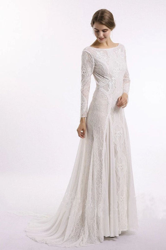 Sheath Long Sleeve Ivory Lace Wedding Dresses See Through Backless Boho Bridal Dresses W1063