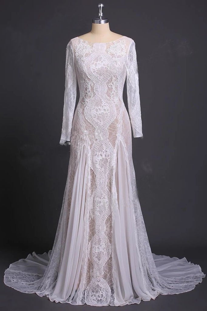 Sheath Long Sleeve Ivory Lace Wedding Dresses See Through Backless Boho Bridal Dresses W1063
