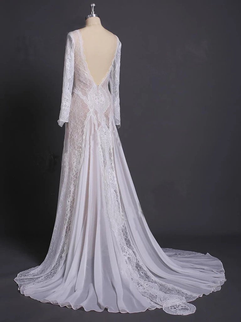 Sheath Long Sleeve Ivory Lace Wedding Dresses See Through Backless Boho Bridal Dresses W1063