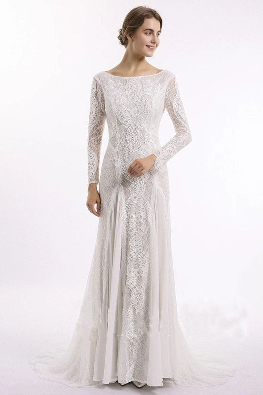 Sheath Long Sleeve Ivory Lace Wedding Dresses See Through Backless Boho Bridal Dresses W1063