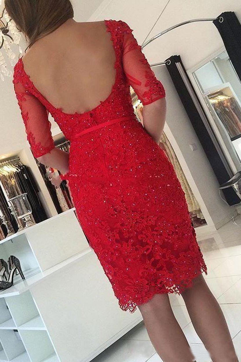 Sheath Pink Lace Appliques Beads Homecoming Dresses with Half Sleeve Prom Dresses RS833