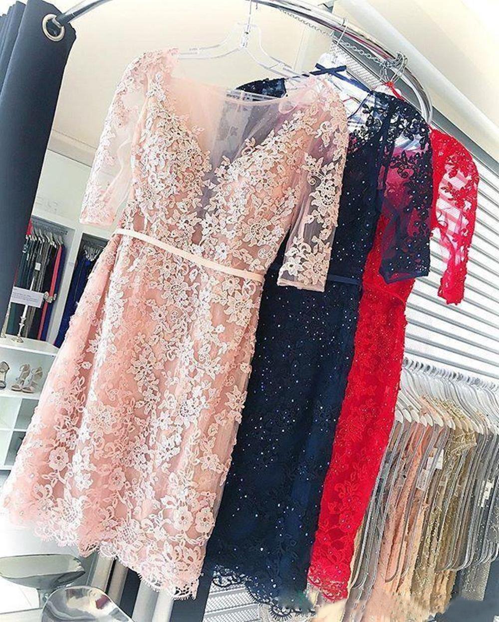 Sheath Pink Lace Appliques Beads Homecoming Dresses with Half Sleeve Prom Dresses RS833