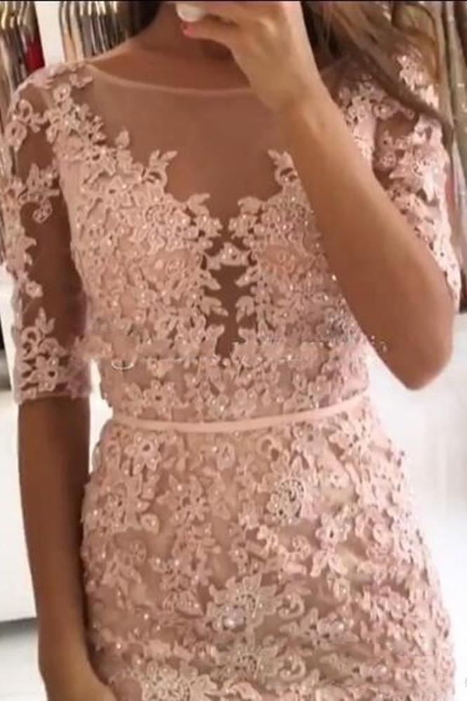 Sheath Pink Lace Appliques Beads Homecoming Dresses with Half Sleeve Prom Dresses RS833