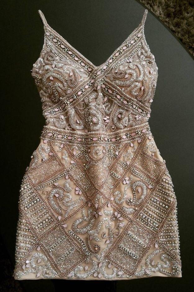 Sheath Spaghetti Straps Beading Homecoming Dresses Short Prom Dresses RS610