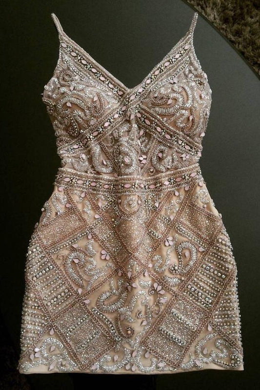 Sheath Spaghetti Straps Beading Homecoming Dresses Short Prom Dresses RS610