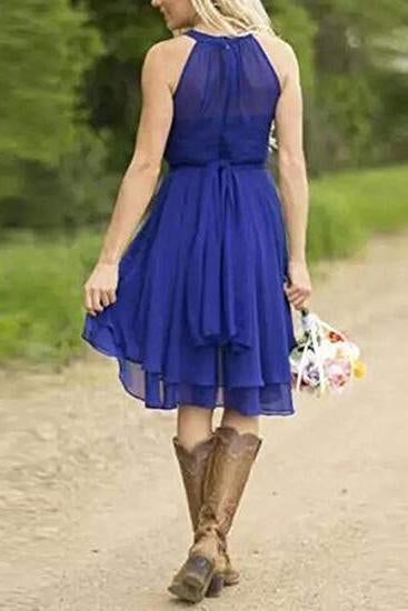 Short A Line Halter Chiffon Blue Bridesmaid Dresses Cheap Prom Dresses RS805