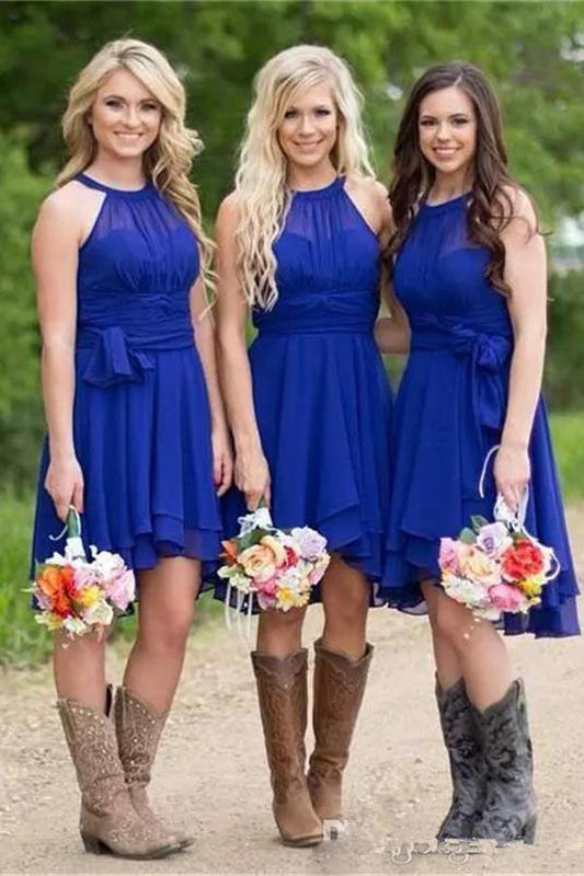 Short A Line Halter Chiffon Blue Bridesmaid Dresses Cheap Prom Dresses RS805