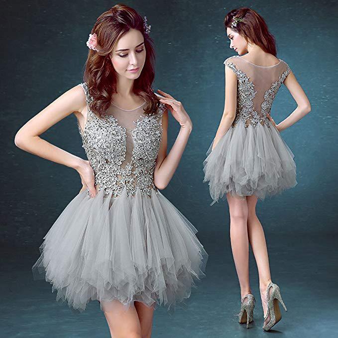 Short Sexy See Through Lace Tulle Gray Homecoming Dresses with Sequins Party Dresses H1147