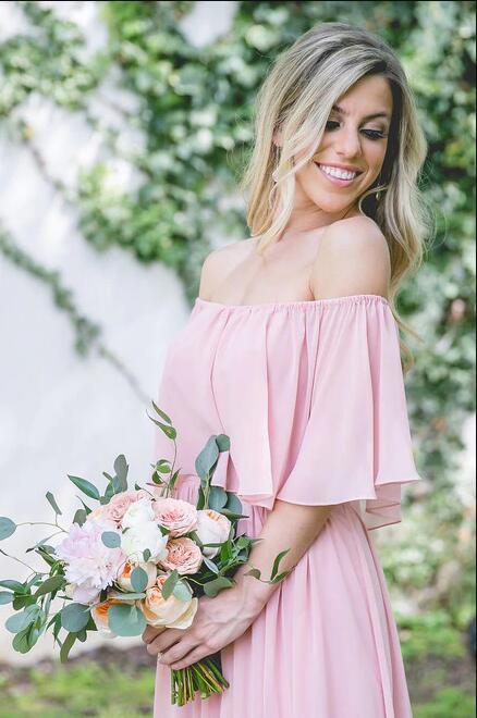 Simple A line Chiffon Red Off the Shoulder Flowy Bridesmaid Dresses Prom Dresses RS806