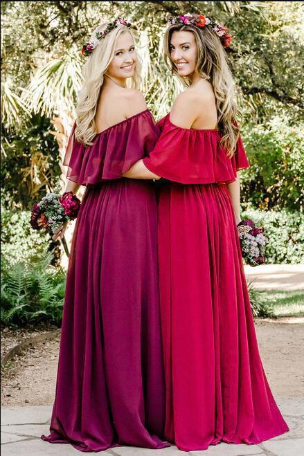 Simple A line Chiffon Red Off the Shoulder Flowy Bridesmaid Dresses Prom Dresses RS806