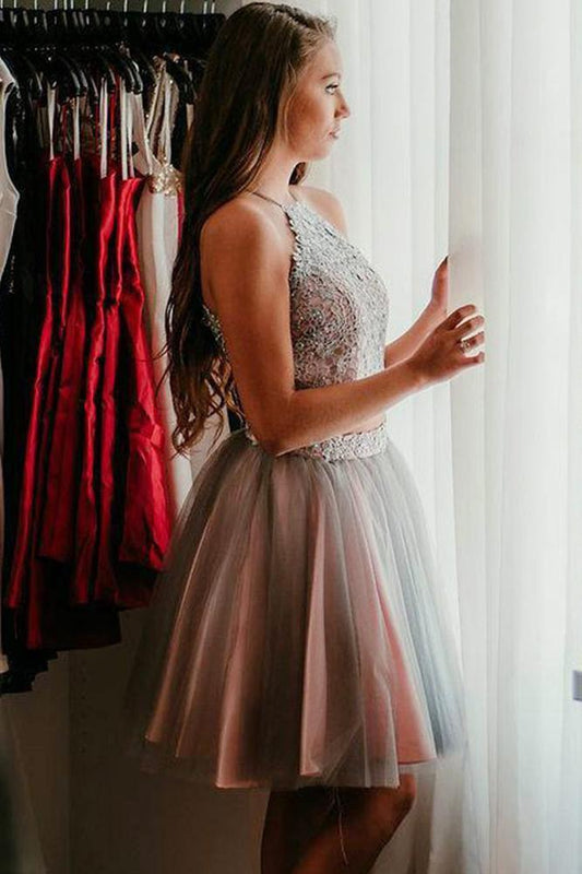 Simple Grey Two Pieces Knee Length Beads Halter Tulle Homecoming Dresses with Appliques H1124