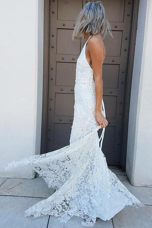 Simple Halter Mermaid Lace Appliques Wedding Dress Backless Beach Bridal Gowns JS937