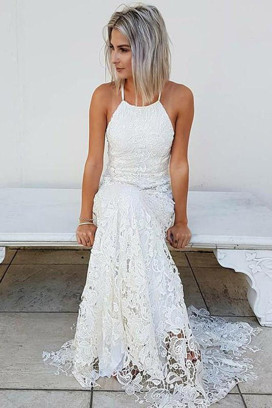 Simple Halter Mermaid Lace Appliques Wedding Dress, Backless Beach Bridal Gowns PW937