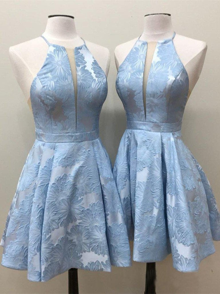 Simple Lilac Jacquard Floral Homecoming Dresses with Pocket Halter Graduation Dresses RS949