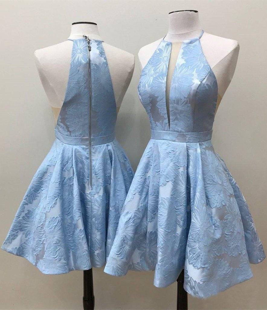 Simple Lilac Jacquard Floral Homecoming Dresses with Pocket Halter Graduation Dresses RS949