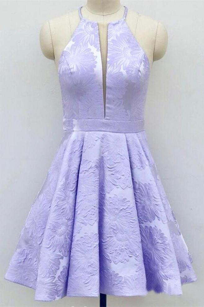 Simple Lilac Jacquard Floral Homecoming Dresses with Pocket Halter Graduation Dresses RS949