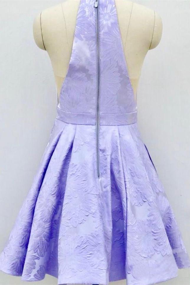 Simple Lilac Jacquard Floral Homecoming Dresses with Pocket Halter Graduation Dresses RS949
