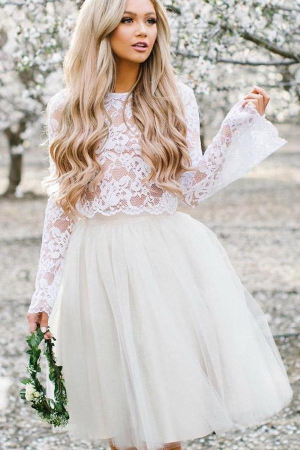 Simple Long Sleeve Lace Two Piece Short Prom Dresses Ivory Homecoming Dresses RS863