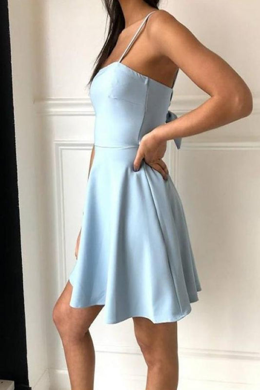 Simple Spaghetti Straps Light Blue Satin Homecoming Dresses Cute Short Prom Dresses H1286