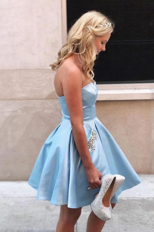 Simple Strapless Cheap Beaded Blue Homecoming Dresses with Pockets Cocktail Dresses H1172