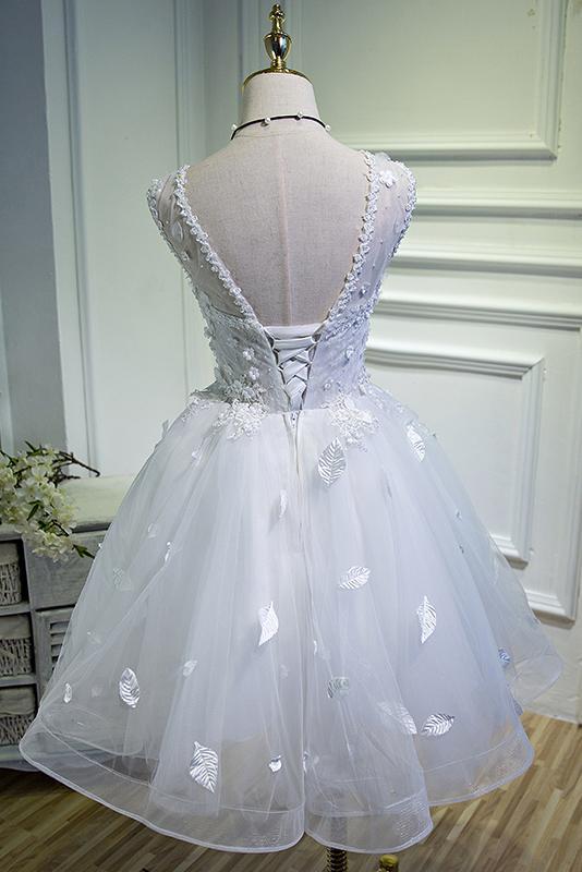 Simple Sweetheart White Lace up Beads Lace Appliques Tulle Straps Homecoming Dresses H1129