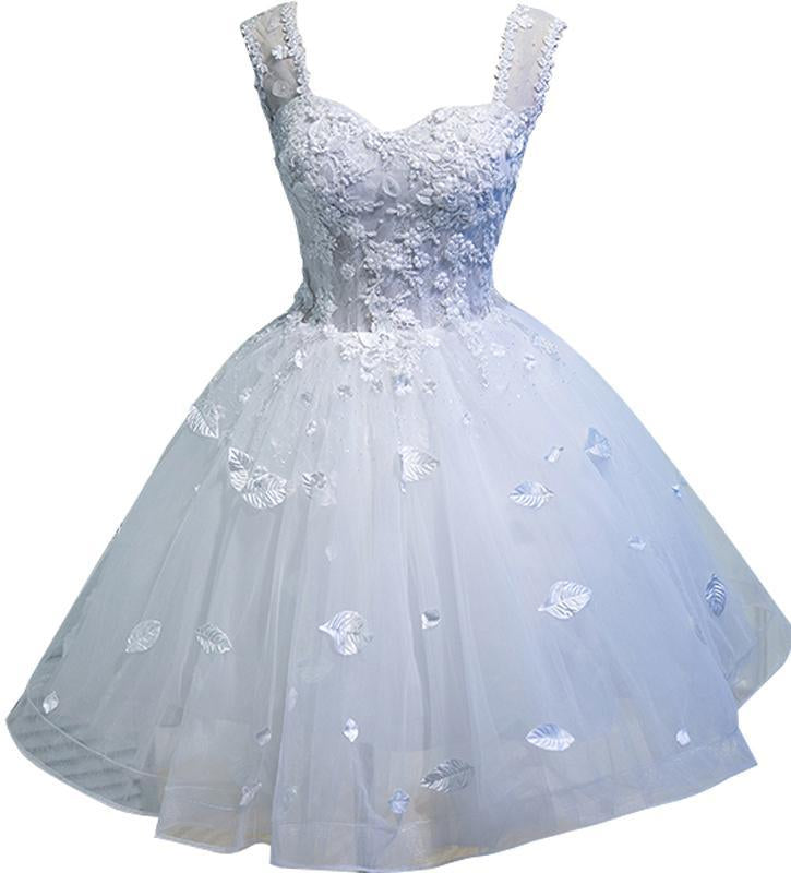 Simple Sweetheart White Lace up Beads Lace Appliques Tulle Straps Homecoming Dresses H1129