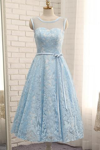 Simple Tea Length Light Blue Lace Homecoming Dress with Belt Short Prom Dress H1042