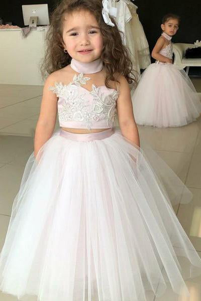Simple Two Piece Ball Gown Halter Blush Pink Flower Girl Dresses with Appliques RS881