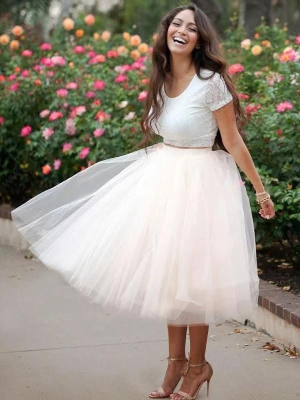 Simple Two Pieces Round Neck Ivory Short Prom Dress with Lace Homecoming Dresses H1155