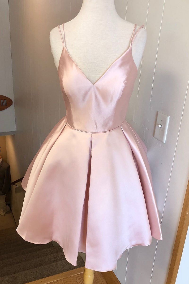 Simple V Neck Straps Short Pink Homecoming Dress Backless Satin Sweet 16 Dresses H1210