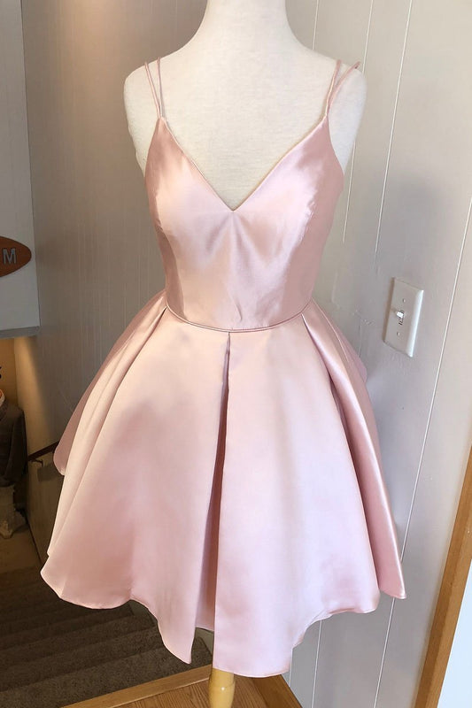 Simple V Neck Straps Short Pink Homecoming Dress Backless Satin Sweet 16 Dresses H1210