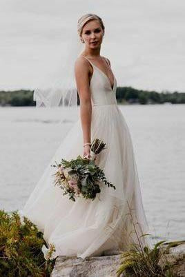 Simple V Neckline Spaghetti Strap Backless Ivory A Line Cheap Beach Wedding Dresses W1015