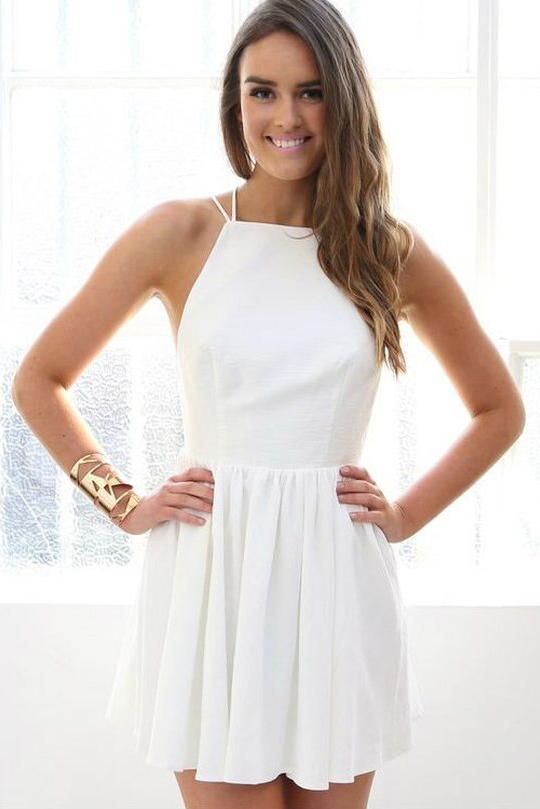 Simple White Spaghetti Straps Prom Dress Open Back Evening Dress Homecoming Dress H1081