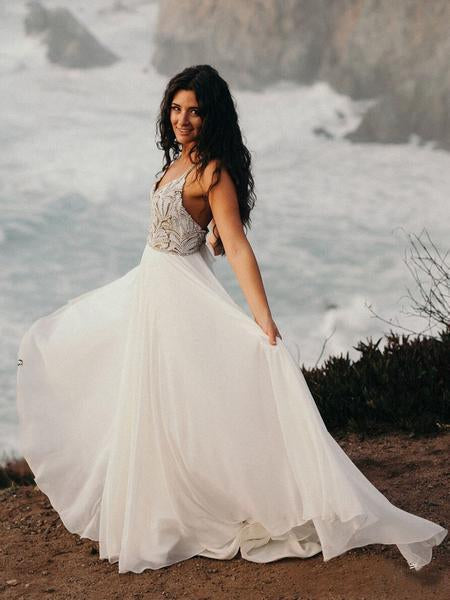 Spaghetti Strap Beaded Wedding Dress Ivory Chiffon V Neck Rustic Wedding Dresses JS478