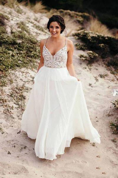 Spaghetti Strap Beaded Wedding Dress Ivory Chiffon V Neck Rustic Wedding Dresses PW478