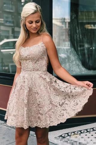 Spaghetti Straps Backless Lace Homecoming Dress Short Lace Graduation Dresses H1213