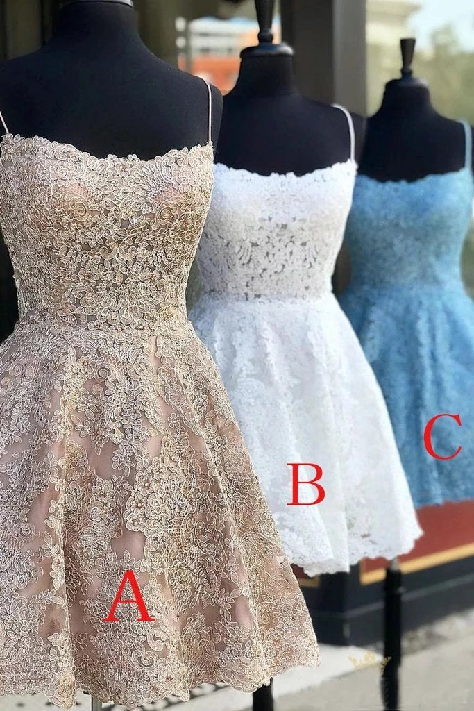 Spaghetti Straps Backless Lace Homecoming Dress Short Lace Graduation Dresses H1213