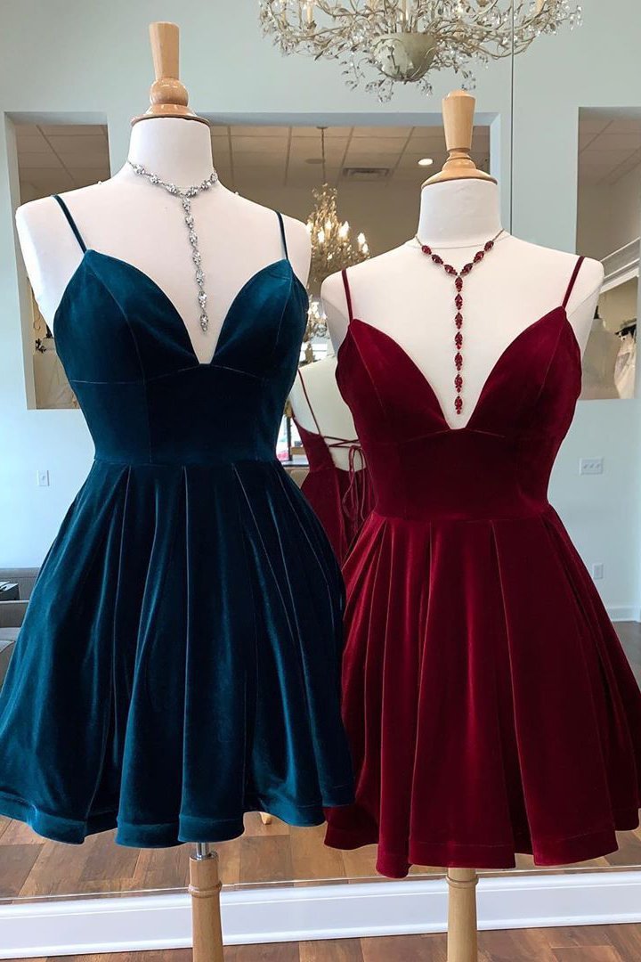 Spaghetti Straps Burgundy Deep V Neck Satin Homecoming Dresses Cocktail Dresses H1133