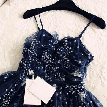 Spaghetti Straps Navy Blue Tulle Sweetheart Homecoming Dresses Short Prom Dresses RS755