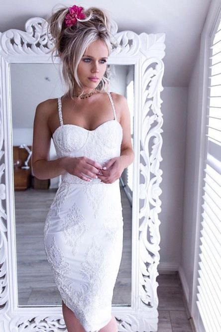 Spaghetti Straps Sheath Lace Appliques Short Sweet 16 Dress Homecoming Dresses H1239