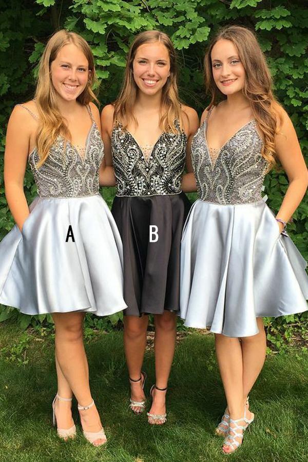 Spaghetti Straps V Neck Above Knee Grey Satin Homecoming Dress with Beads Pockets H1301