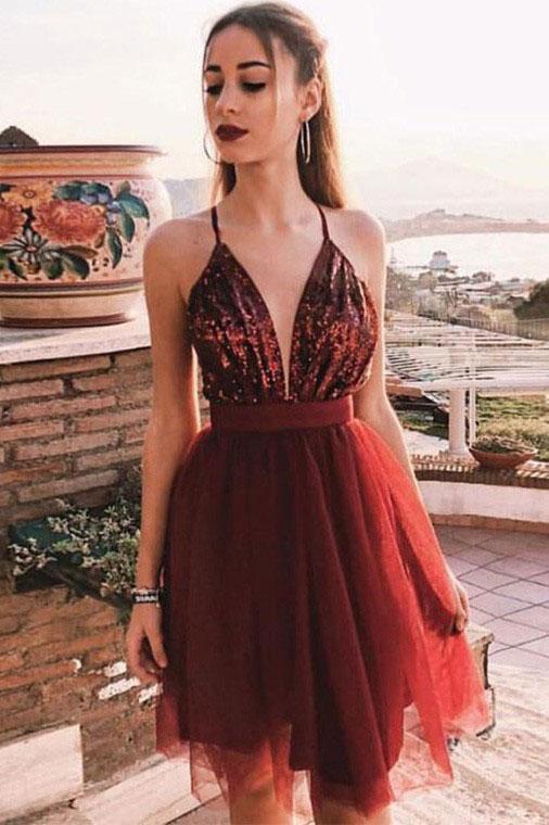 Spaghetti Straps V Neck Burgundy Tulle Homecoming Dresses with Sequins Prom Dresses H1099