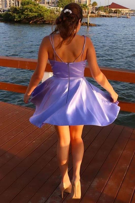 Spaghetti Straps V Neck Lilac Homecoming Dress With Pockets Backless Prom Dresses H1201