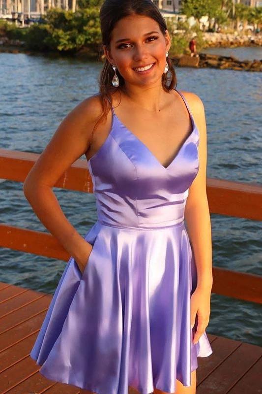 Spaghetti Straps V Neck Lilac Homecoming Dress With Pockets Backless Prom Dresses H1201