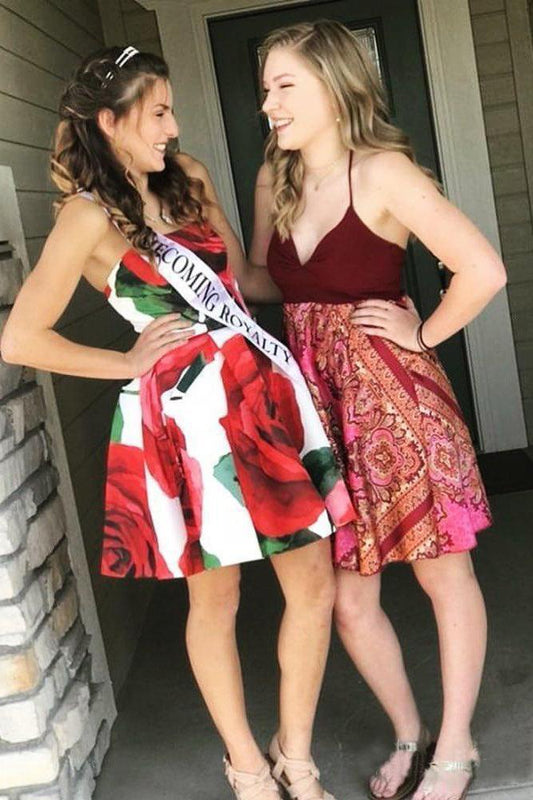 Strapless Red Floral Print Homecoming Dresses with Pockets Vintage Short Prom Dresses RS809