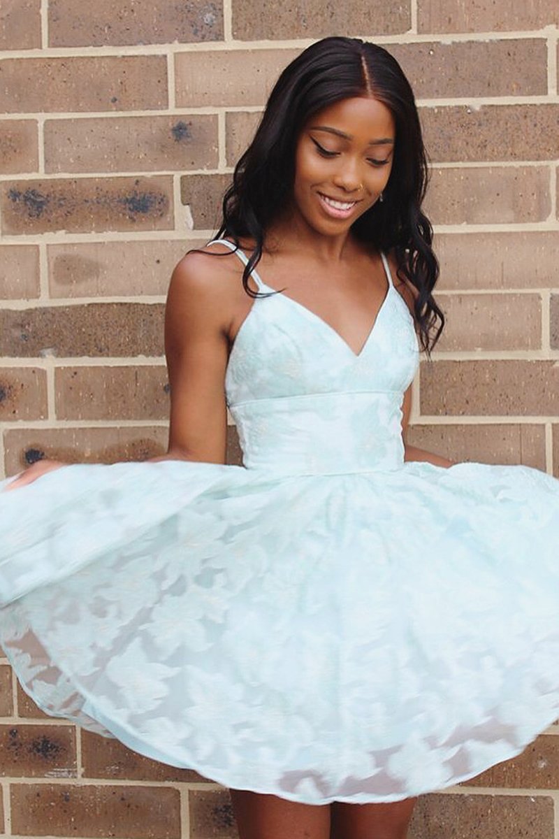 Straps A-line Short Blue V Neck Homecoming Dress Lace Appliques Backless Prom Dresses H1211