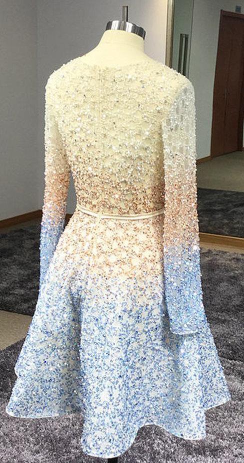 Stunning Beaded Sequins Long Sleeve V Neck Homecoming Dresses Short Prom Dresses H1083