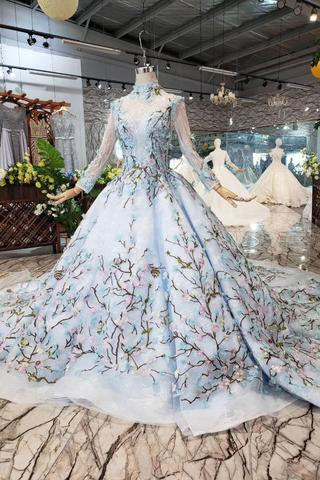 Stunning Light Blue Long Sleeve Wedding Dresses High Neck Quinceanera Dresses RS772