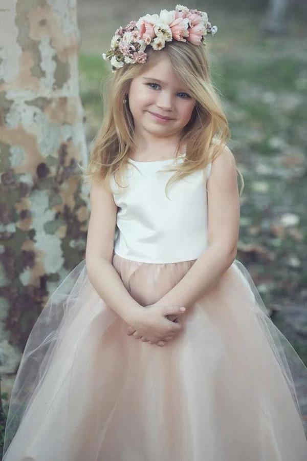 Stunning Sleeveless A Line Satin Bowknot Pink Flower Girl Dresses with Round Neck FG1009